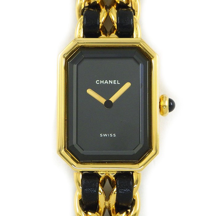 シャネル CHANEL 腕時計 プルミエール M H0001 オクタゴナル ブラック文字盤 チェーンブレス レザーベルト GP クオーツアナログ 【中古】