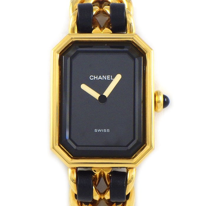 シャネル CHANEL 腕時計 プルミエール M H0001 オクタゴナル ブラック文字盤 チェーンブレス レザーベルト GP クオーツアナログ 【中古】