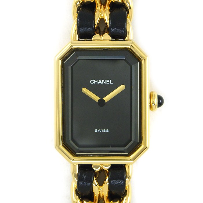シャネル CHANEL 腕時計 プルミエールM H0001 オクタゴナル ブラック文字盤 チェーンブレス レザーベルト GP クオーツアナログ 【中古】