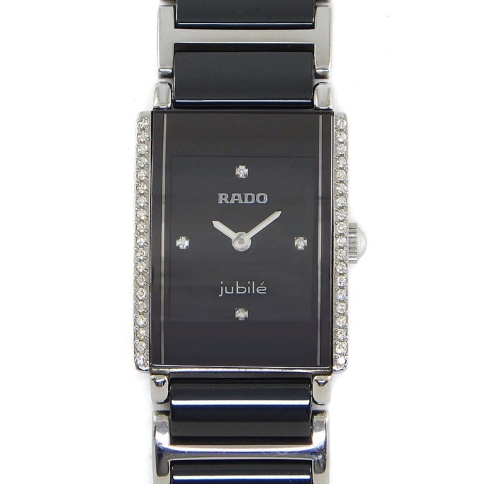ラドー RADO 腕時計 ジュビリー 153.0430.3 ダイヤベゼル 4ポイント ダイヤインデックス レクタンギュラー ブラック文字盤 SS セラミック チタン クオーツアナログ 【中古】