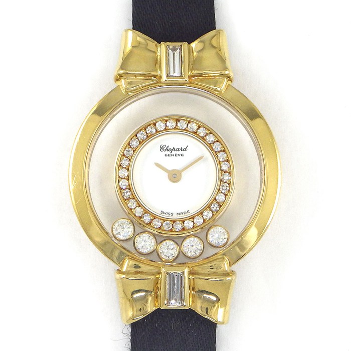 ショパール Chopard 腕時計 ハッピーダイヤモンド 20/5334 リボン 5ポイント ムービングダイヤ ダイヤベゼル/ラグ ホワイト文字盤 GP ブラック サテン/レザーベルト クオーツアナログ 【中古】