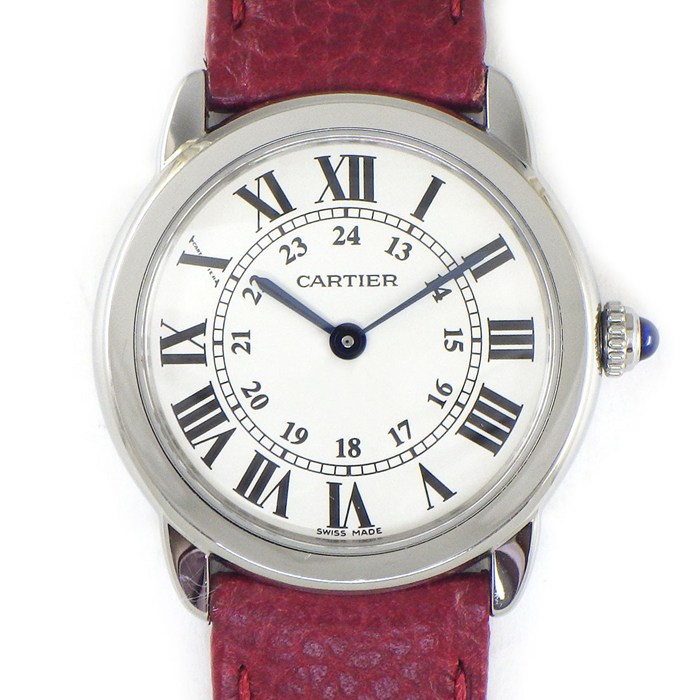 カルティエ Cartier 腕時計 ロンドソロ WSRN0019 シルバー文字盤 ローマンインデックス レッド レザーベルト SS クオーツアナログ 【中古】