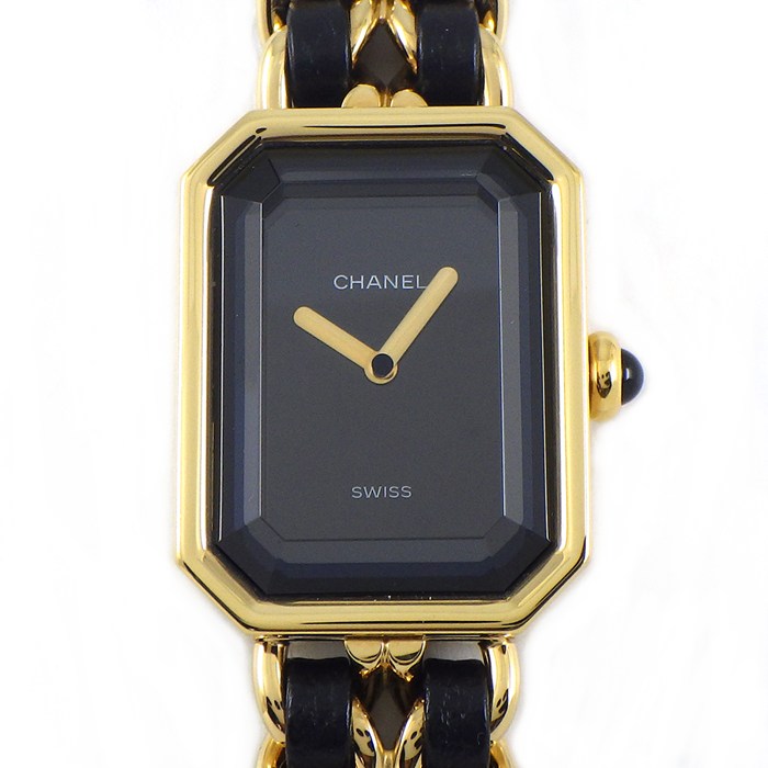 シャネル CHANEL 腕時計 プルミエール M H0001 オクタゴナル ブラック文字盤 チェーンブレス レザーベルト GP クオーツアナログ 【中古】