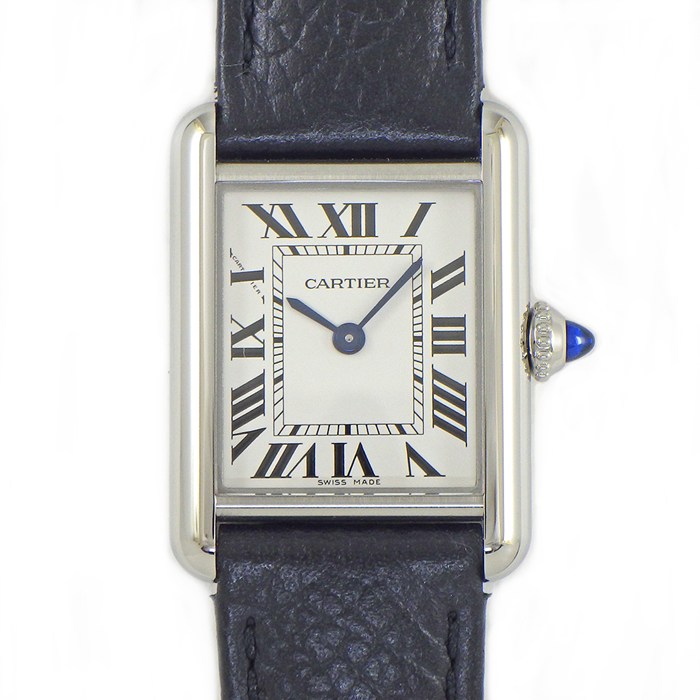 カルティエ Cartier 腕時計 タンク マスト SM WSTA0042 レクタンギュラー シルバー文字盤 ローマンインデックス SS ブラック 牛革ベルト クオーツアナログ 【箱・保付き】 【中古】