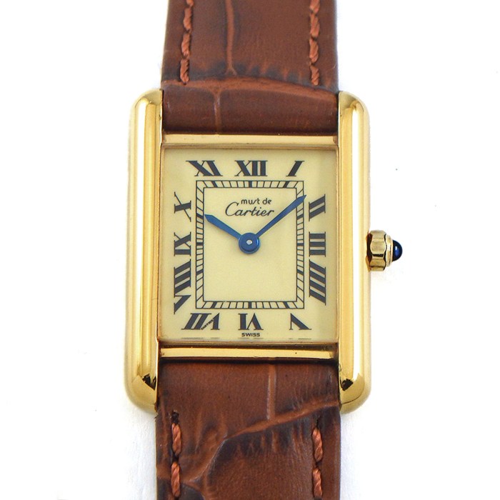 カルティエ Cartier 腕時計 マスト タンク ヴェルメイユ SM 366001 レクタンギュラー アイボリー文字盤 GP SV925 ブラウン カーフレザーベルト クオーツアナログ