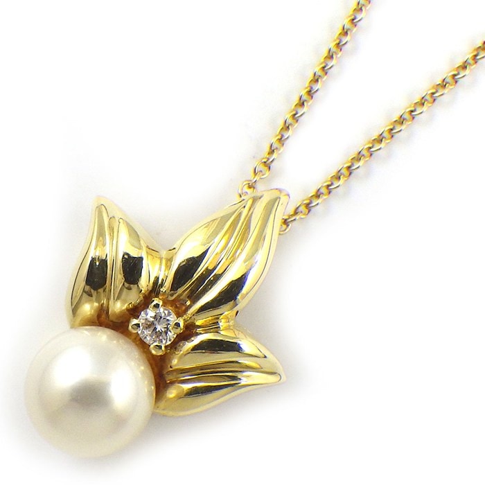 ティファニー Tiffany & Co. ネックレス リーフ 1ポイント パール 7mm珠 ダイヤモンド K18YG 【中古】