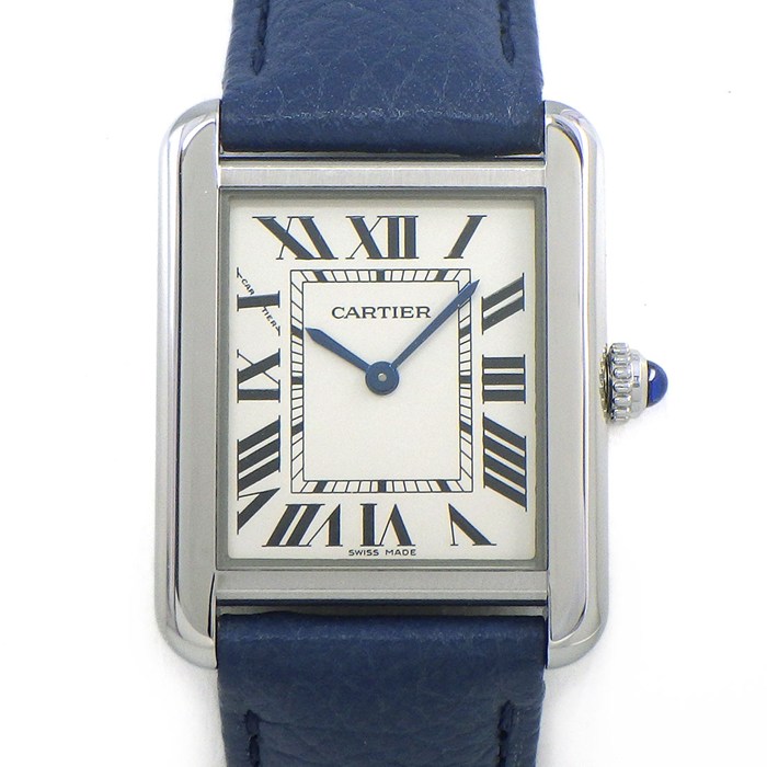 カルティエ Cartier 腕時計 タンク ソロ SM WSTA0030 レクタンギュラー シルバー文字盤 SS ブルー レザーベルト クオーツアナログ 【中古】