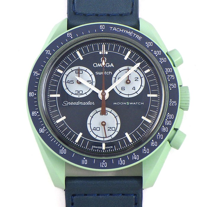 スウォッチ×オメガ Swatch×OMEGA 腕時計 ムーンスウォッチ ミッション オン アース S033G100 スピードマスター ネイビーブルー文字盤 ベルクロストラップ アースグリーン バイオセラミック クオーツアナログ 【箱・保付き】 【中古】