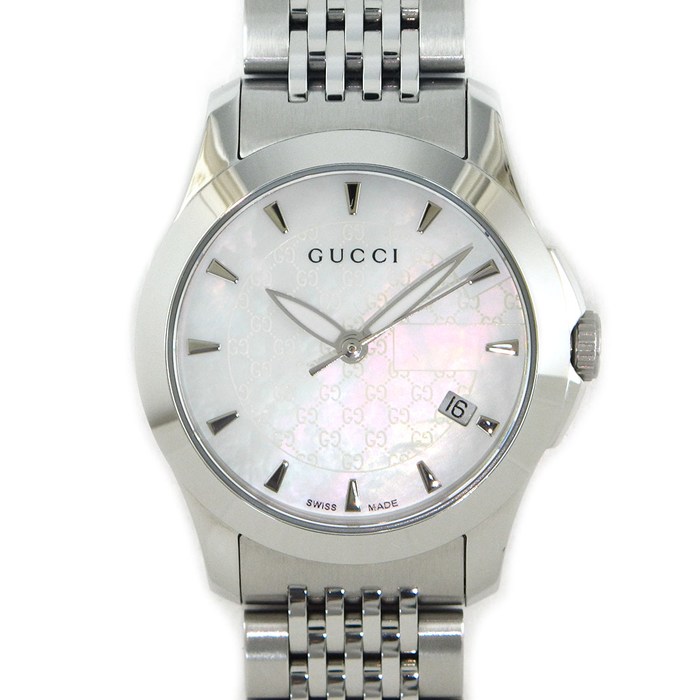グッチ GUCCI 腕時計 Gタイムレス 126.5/YA126533 GG柄 ホワイトシェル文字盤 デイト 夜光インデックス 夜光針 SS クオーツアナログ 【箱・保付き】 【中古】
