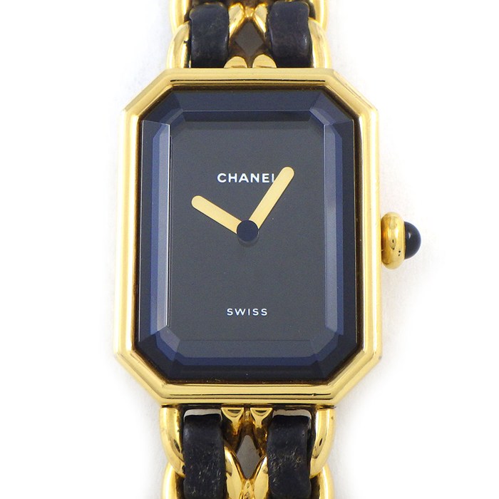 シャネル CHANEL 腕時計 プルミエール M H0001 オクタゴナル ブラック文字盤 チェーンブレス レザーベルト GP クオーツアナログ 【中古】