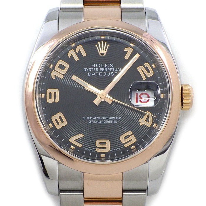 ロレックス Rolex 腕時計 デイトジャスト 116201 M番 2007-2008年製 ブラック コンセントリック文字盤 ルーレット刻印 赤デイト 夜光針/インデックス エバーローズゴールド SS 自動巻き 【箱・保付き】 【中古】