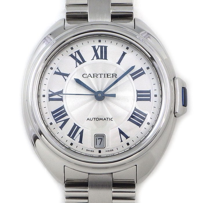 カルティエ Cartier 腕時計 クレ WSCL0006 シルバーギョーシェ文字盤 ローマンインデックス デイト 裏スケ SS 自動巻き 【箱・保付き】 【中古】