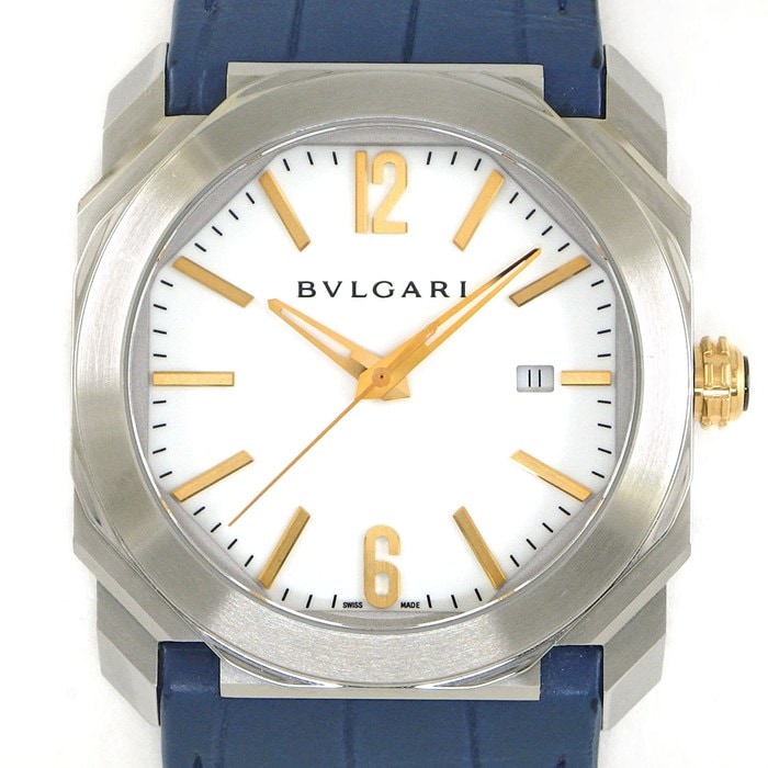 ブルガリ BVLGARI 腕時計 オクト BGO41S/BGO41WSLD デイト 裏スケ ピンクゴールドインデックス/針 オクタゴナルケース ホワイト文字盤 SS ブルー アリゲーターレザーベルト 自動巻き 【中古】