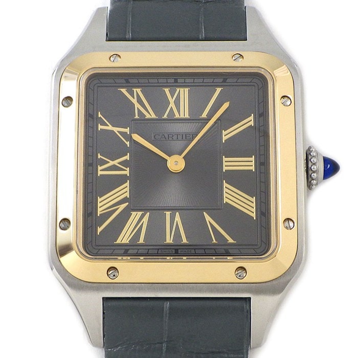 カルティエ Cartier 腕時計 サントスデュモンLM W2SA0028 スクエア サンレイ グレー文字盤 ローマンインデックス クロコダイルレザーベルト SS K18YG クオーツアナログ 【中古】