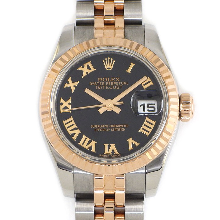 ロレックス Rolex 腕時計 デイトジャスト 179171 ルーレット刻印 ブラック文字盤 ローマンインデックス デイト K18PG SS 自動巻き 【中古】