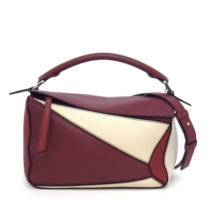 ロエベ LOEWE ショルダーバッグ パズルバック スモール ワイン ガーネット アイボリー ソフトグレインカーフ シルバー金具 【中古】