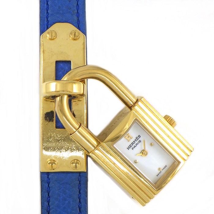 エルメス HERMES 腕時計 ケリーウォッチ KE1.210 カデナ ロックモチーフ ホワイト文字盤 GP ブルー 牛革ベルト クオーツアナログ 【箱・保付き】 【中古】