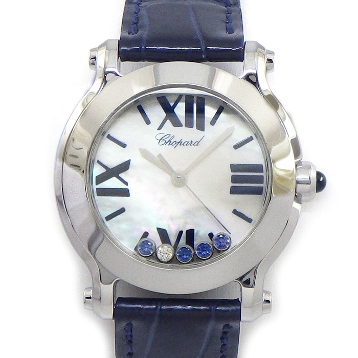 ショパール Chopard 腕時計 ハッピースポーツ 8509 ホワイトシェル文字盤 ローマンインデックス SS ネイビー クロコダイルレザーベルト クオーツアナログ 【中古】