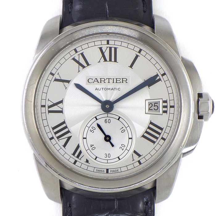 カルティエ Cartier 腕時計 カリブル WSCA0003 デイト スモールセコンド 裏スケ ギョーシェ シルバー文字盤 SS ブラック クロコダイル レザーベルト 自動巻き 【中古】