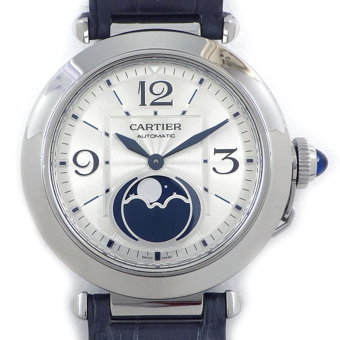 カルティエ Cartier 腕時計 パシャ ドゥ カルティエ WSPA0030 シルバーギョーシェ文字盤 ムーンフェイズ 裏スケ アリゲーターレザーベルト SS 自動巻き 【中古】