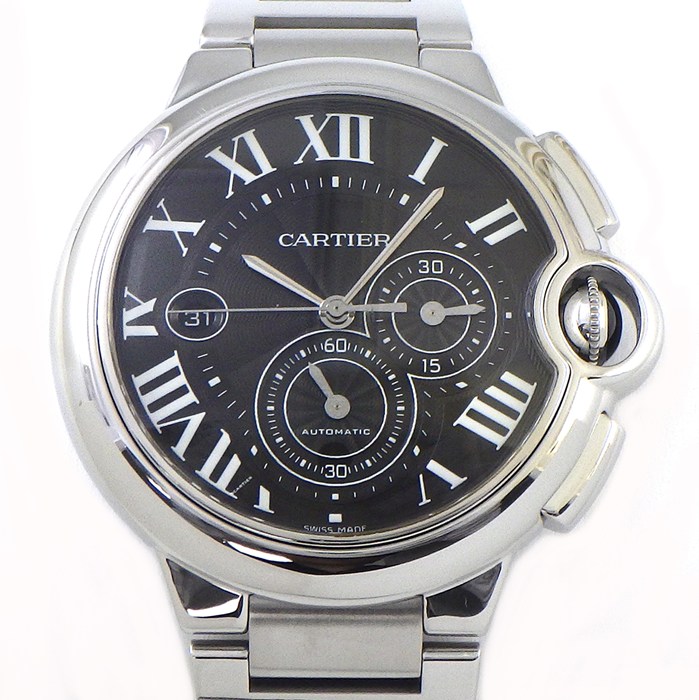 カルティエ Cartier 腕時計 バロンブルー XL W6920025 ローマンインデックス デイト クロノグラフ スモールセコンド 裏スケ ギョーシェ ブラック文字盤 SS 自動巻き 【中古】