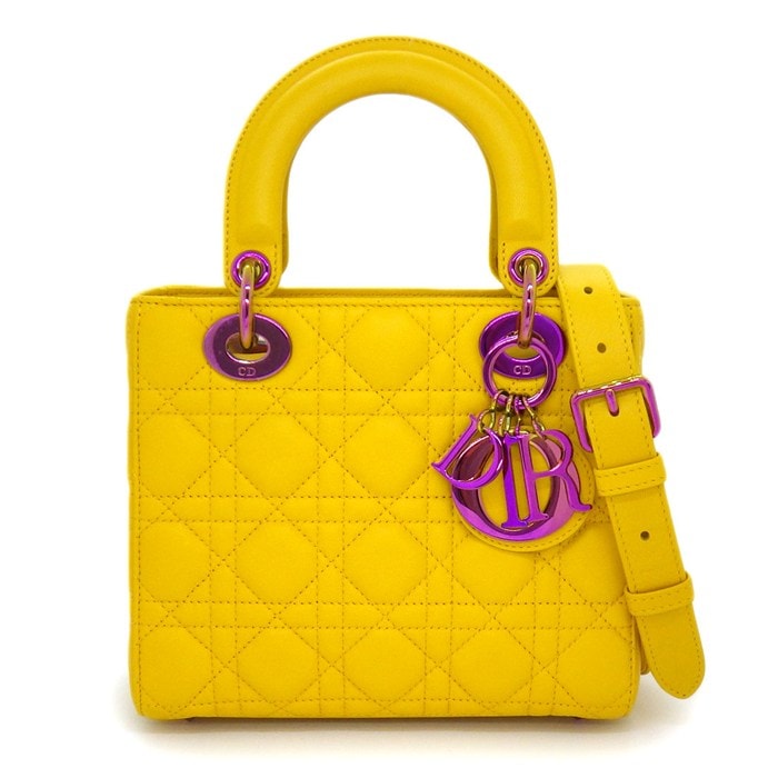 ディオール Dior ハンドバッグ/ショルダーバッグ レディディオール スモール サニーイエロー カナージュラムスキン ピンク金具 【中古】