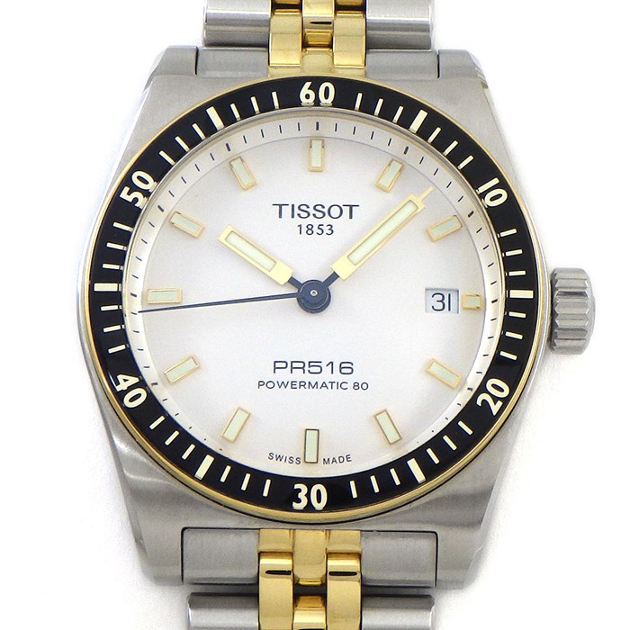ティソ TISSOT 腕時計 PR516 38mm T149.407.22.011.00 パワーマティック80 デイト 裏スケ 夜光インデックス 夜光針 ホワイト文字盤 SS イエローゴールドPVD 自動巻き 【箱・保付き】 【中古】