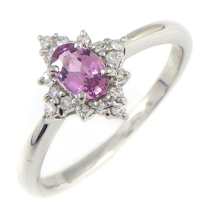 【サファイア ダイヤモンド】 リング オーバルカット オレンジピンク サファイア 0.298ct サイド ダイヤモンド 0.070ct PT950 8.5号 【中古】