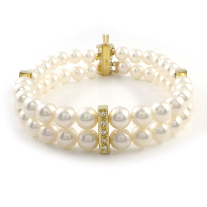 ミキモト MIKIMOTO ブレスレット 2連 Mチャーム アコヤ真珠 6.0-6.5mm珠 ダイヤモンド K18YG 【中古】
