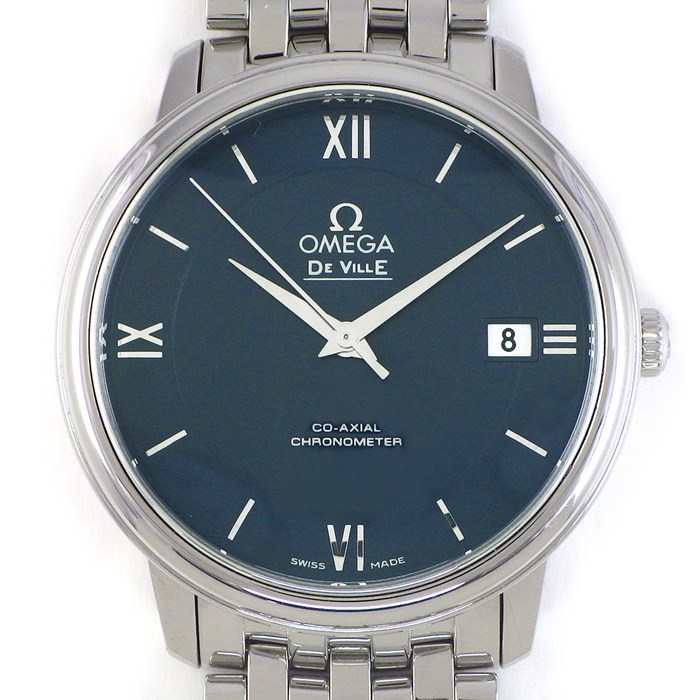 オメガ OMEGA 腕時計 デ・ヴィル プレステージ コーアクシャル 424.10.37.20.03.001 ブルー文字盤 デイト クロノメーター SS 自動巻き 【中古】
