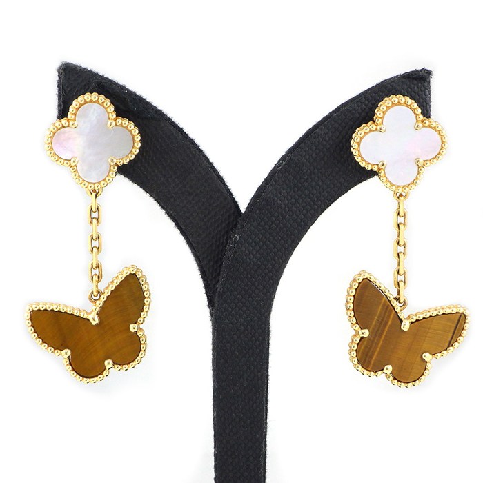 ヴァンクリーフ＆アーペル Van Cleef & Arpels ピアス ラッキーアルハンブラ 2モチーフ VCARD79800 クローバー パピヨン タイガーアイ ホワイト シェル K18YG  【箱・保付き】 【中古】