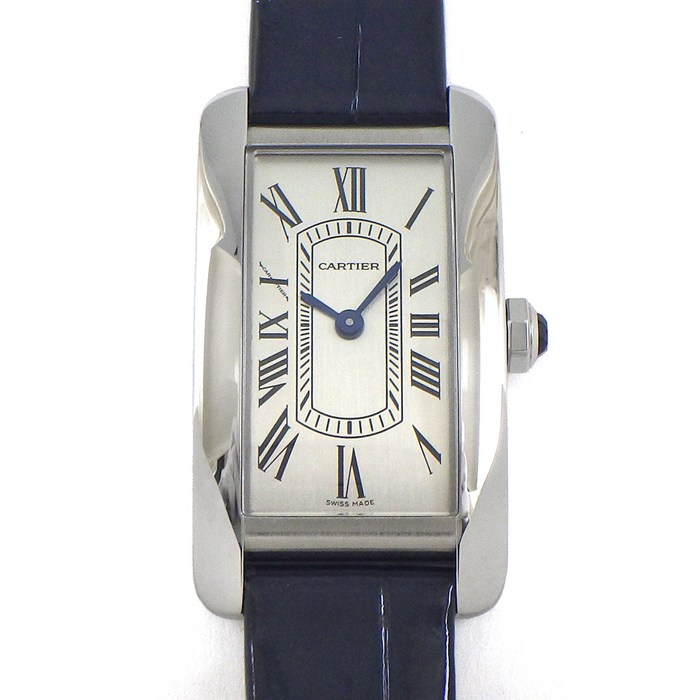 カルティエ Cartier 腕時計 タンク アメリカン SM WSTA0117 2026年3月ギャラ サテンブラッシュ仕上げ シルバー文字盤 SS シャイニー ブルー アリゲーターレザーベルト クオーツアナログ 【箱・保付き】 【中古】