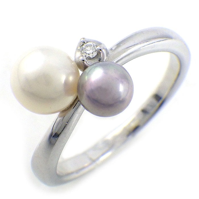 タサキ 田崎真珠 TASAKI リング 2カラー ホワイト/パープル パール 5.5/4.5mm珠 1ポイント ダイヤモンド 0.01ct K18WG 10号 【中古】
