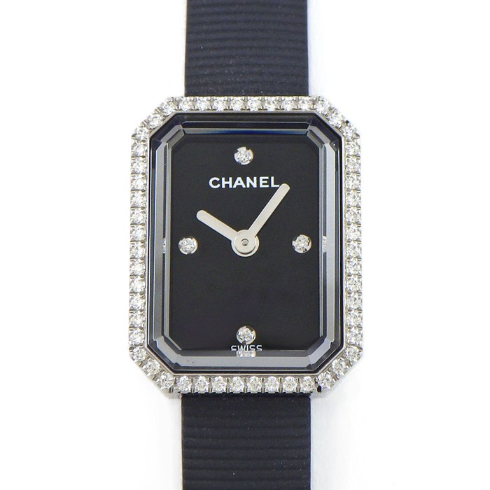 シャネル CHANEL 腕時計 プルミエール H2434 4ポイント ダイヤインデックス ダイヤベゼル オクタゴナル ブラック文字盤 SS ブラック ラバーベルト クオーツアナログ 【中古】