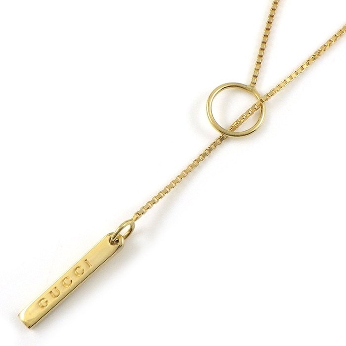  グッチ GUCCI ネックレス ラリエット ロゴ プレート ベネチアン チェーン K18YG 【中古】
