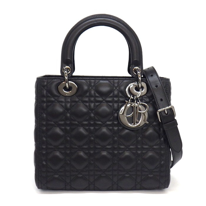ディオール Dior ハンドバッグ レディディオール ミディアム M0565BNGE ブラック カナージュラムスキン ガンメタル金具 【中古】