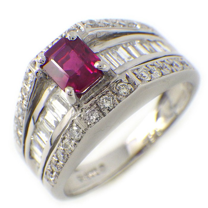 【ルビー ダイヤモンド】 リング 1ポイント エメラルドカット ルビー 0.61ct ハーフサークル ダイヤモンド 0.65ct PT900 10号 【中古】