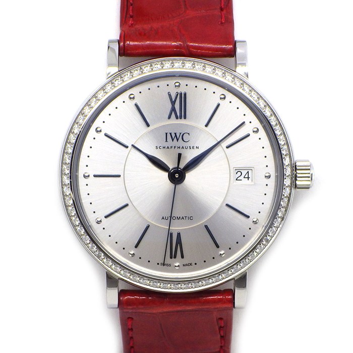 IWC 腕時計 ポートフィノ オートマチック37 IW458109 ダイヤベゼル ローマンインデックス サンレイ シルバー文字盤 デイト レッド アリゲーターレザーベルト SS 自動巻き 【中古】