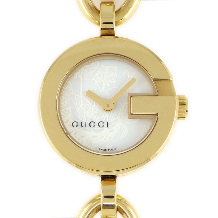 グッチ GUCCI 腕時計 Gチャーム 107 チェーン ブレスレット 花柄 ホワイトシェル文字盤 GP クオーツアナログ 【中古】