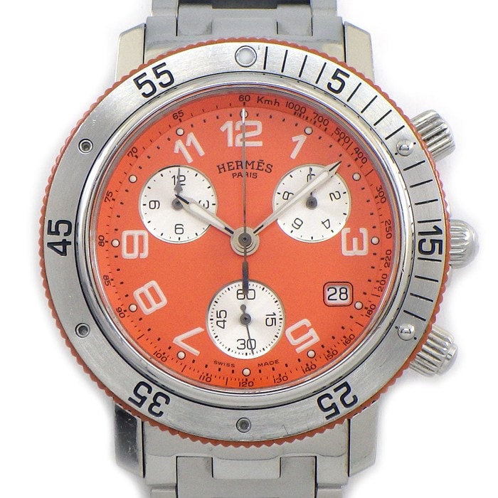 エルメス HERMES 腕時計 クリッパー ダイバー CL2.916 オレンジ文字盤 デイト クロノグラフ 夜光インデックス スモールセコンド 回転ベゼル 夜光針 SS クオーツアナログ 【中古】