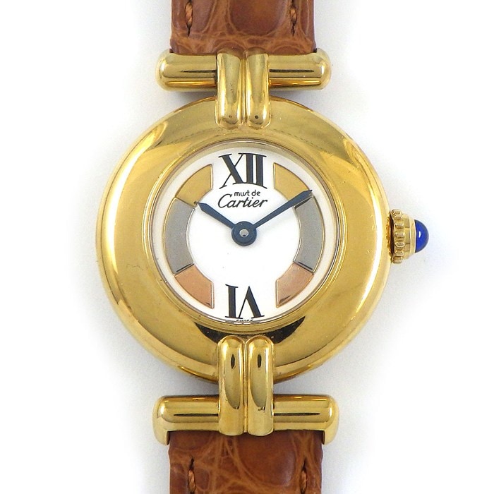 カルティエ Cartier 腕時計 マストコリゼ ヴェルメイユ 590002 トリニティ ホワイト文字盤 ローマンインデックス レザーベルト GP SV925 クオーツアナログ