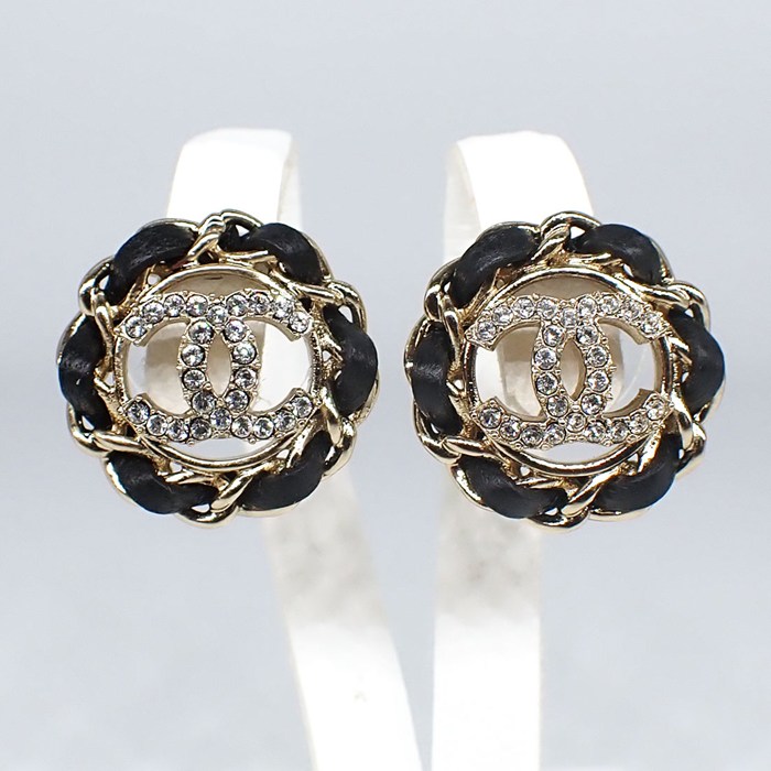 シャネル CHANEL ピアス ココマーク B24V 2024年製 ラインストーン ブラック レザー GP 【中古】