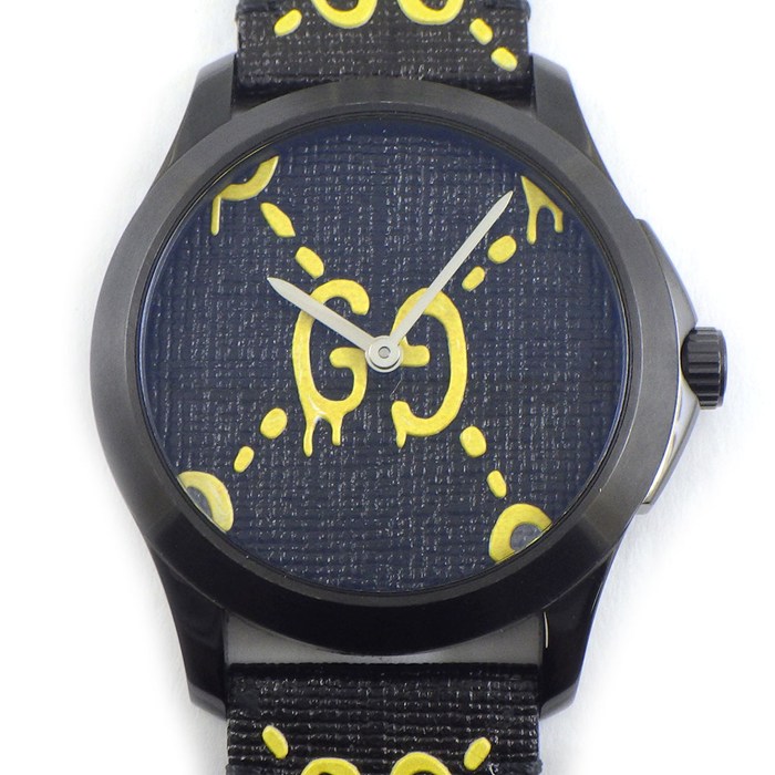グッチ GUCCI 腕時計 Gタイムレス ゴースト 126.4 ブラック/イエロー文字盤 GG レザーベルト SS クオーツアナログ 【中古】