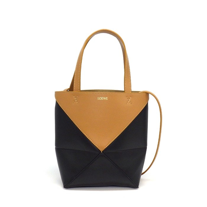 ロエベ LOEWE トートバッグ パズル フォルド ミニ A779V25X07 0088 2727 ウォームデザート ブラック カーフスキン ゴールド金具 【中古】