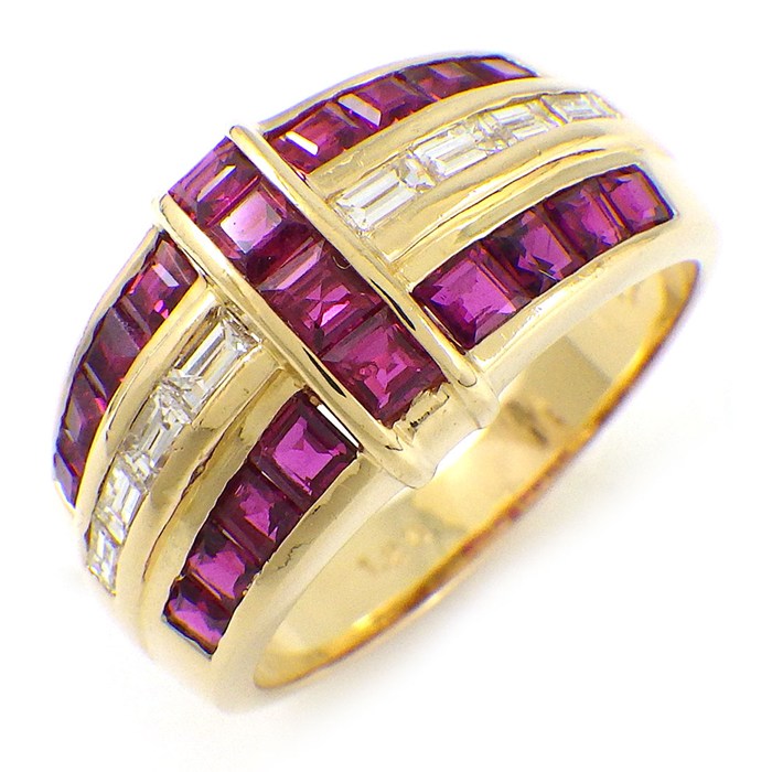【ステップカットルビー ダイヤモンド】 リング ステップカット ルビー 計1.86ct ダイヤモンド 計0.36ct K18YG 16号 【中古】