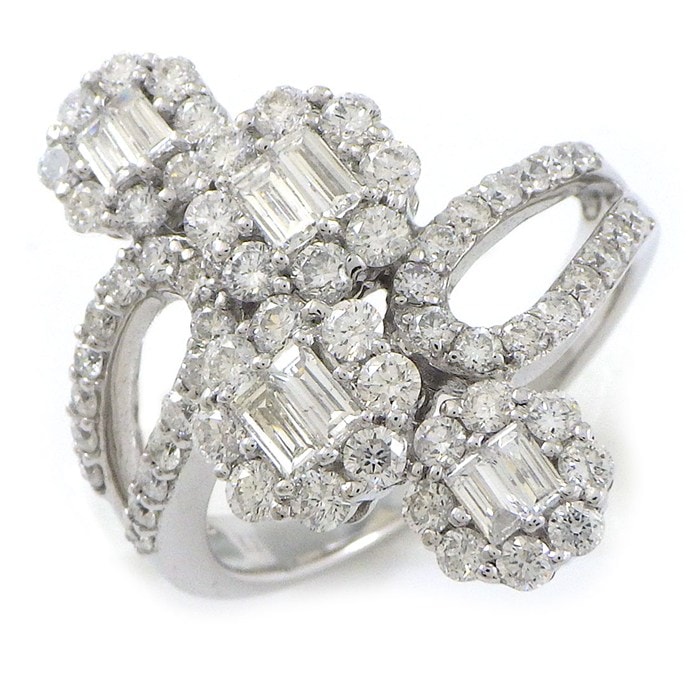 【ダイヤモンド】 リング フラワーモチーフ バゲットカット ラウンドブリリアントカット ダイヤモンド 計1.50ct K18WG 13.5号 【中古】