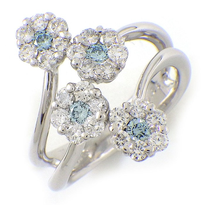 【ダイヤモンド】 リング フラワーモチーフ 4ポイント ブルートリートメント ダイヤモンド パヴェ ダイヤモンド 計0.85ct K18WG 10号 【中古】