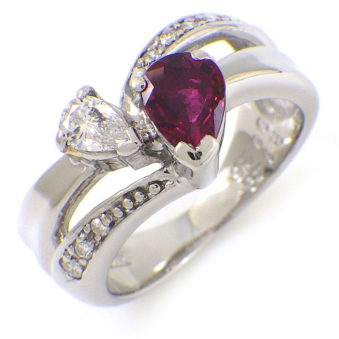 【ペアシェイプルビー ダイヤモンド】 リング V字 ペアシェイプ ルビー 0.49ct ダイヤモンド 0.25ct PT900 7号 【中古】