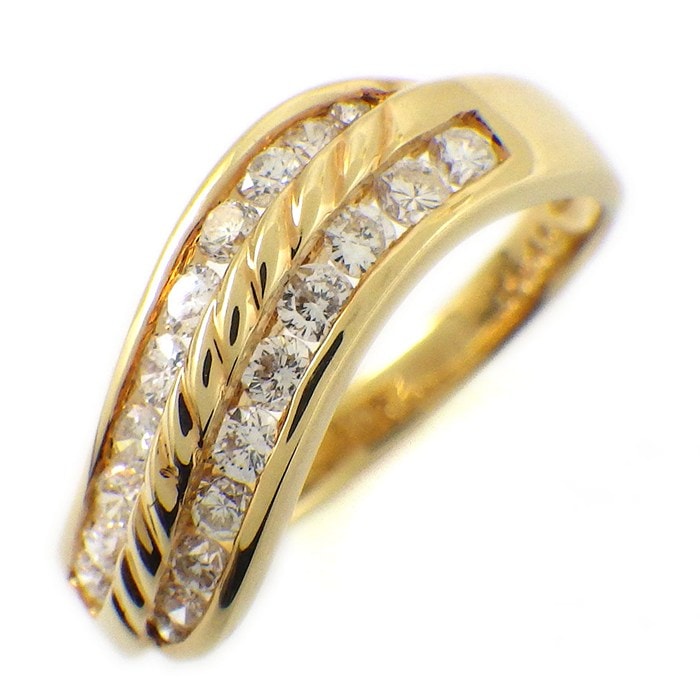 【ダイヤモンド】 リング ウェーブ 2ロウ ラウンドブリリアントカット ダイヤモンド 計0.45ct K18YG 12号 【中古】