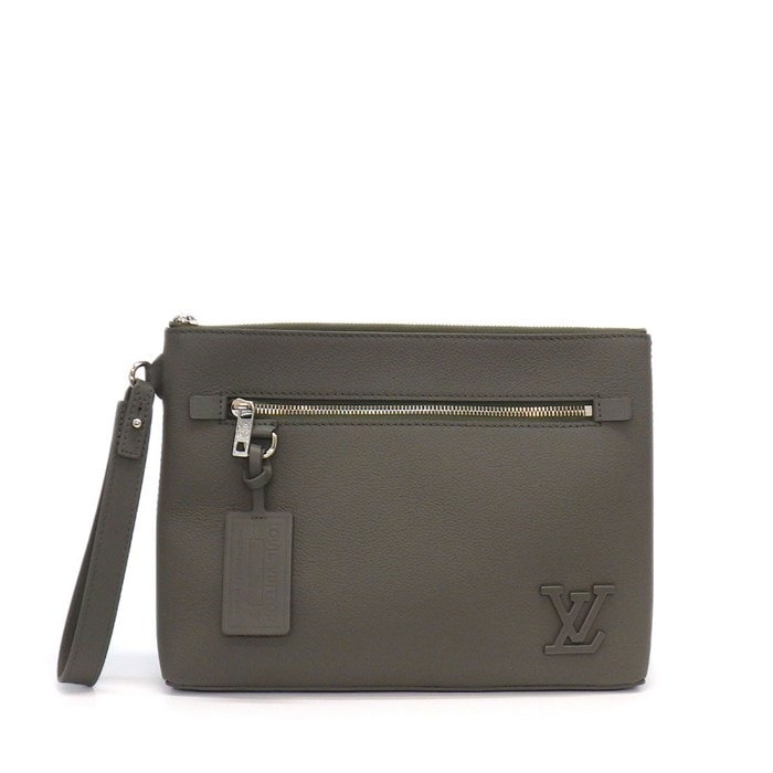 ルイ・ヴィトン LOUIS VUITTON クラッチバッグ テイクオフポーチ M81735 カーキ LVアエログラムレザー シルバー金具 【中古】